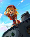  :d belt blonde_hair blush breasts brown_gloves buttons cabbie_hat cloud commentary_request day dinef gloves green_eyes hat highres jacket long_hair looking_at_viewer open_mouth red_jacket rockman rockman_dash roll_caskett short_sleeves shorts sky smile solo 