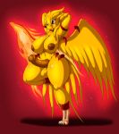  2018 4_toes anthro areola avian balls bird breasts dickgirl digital_media_(artwork) erection fire hands_behind_head hi_res humanoid_penis intersex nipples non-mammal_breasts on_one_leg penis phena phoenix signature simple_background solo standing suirano thick_thighs toes wings 