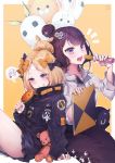  abigail_williams_(fate/grand_order) absurdres alternate_costume bags_under_eyes bandaid_on_forehead bangs black_bow black_jacket blonde_hair bow casual churro commentary_request contemporary corndog crossed_bandaids fate/grand_order fate_(series) food forehead fou_(fate/grand_order) hair_bun heroic_spirit_traveling_outfit highres horn jacket kanola_u katsushika_hokusai_(fate/grand_order) lavinia_whateley_(fate/grand_order) long_hair looking_at_viewer medjed multiple_girls octopus open_mouth orange_bow pale_skin parted_bangs polka_dot polka_dot_bow stuffed_animal stuffed_toy teddy_bear 