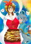  animal_ears basket black_hair black_ribbon blonde_hair breasts buck_teeth capelet cleavage cowboy_shot grey_hair hakkasame heart height_difference highres hug large_breasts long_sleeves looking_at_another mouse mouse_ears mouse_tail multicolored_hair multiple_girls nazrin one_eye_closed red_eyes ribbon shawl short_hair spoken_heart streaked_hair tail tiger_ears toramaru_shou touhou yellow_eyes yuri 