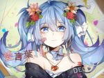  ai_kotoba_iii_(vocaloid) bandaid bandaid_on_face bare_shoulders black_shirt blue_eyes blue_hair bow choker earrings eyebrows_visible_through_hair floating_hair flower hair_between_eyes hair_flower hair_ornament hatsune_miku heart heart_necklace jewelry long_hair looking_at_viewer off-shoulder_shirt off_shoulder shirt solo song_name translation_request twintails upper_body vocaloid yumi_(qianching-lee) 