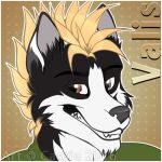 2016 anthro black_fur blonde_hair border brown_eyes bust_portrait canine celystian character_name dog fur grey_nose hair husky looking_at_viewer low_res male mammal outline pattern_background portrait short_hair simple_background smile solo spotted_background valis white_fur 