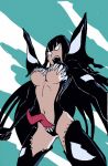  black_hair blue_sky breasts clenched_hands cloud crossover highres kill_la_kill kiryuuin_satsuki large_breasts living_clothes long_hair navel no_pupils open_mouth powflip sky spider-man_(series) symbiote thighhighs tongue underboob venom_(marvel) 