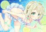  :o ahoge bikini braid eyebrows_visible_through_hair food frilled_bikini frills fruit gau_(n00_shi) green_eyes green_hair hair_ornament highres idolmaster idolmaster_cinderella_girls lemon lemon_slice lime_slice long_hair looking_at_viewer open_mouth solo star star_hair_ornament swimming swimsuit twin_braids water yusa_kozue 