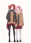  :d :o black_legwear brown_eyes cardigan commentary couple earmuffs full_body half-closed_eyes holding_hands jacket jinx_(league_of_legends) league_of_legends long_hair long_sleeves luxanna_crownguard manio multiple_girls necktie open_mouth pantyhose pink_hair purple_eyes red_hair scarf school_uniform shoes simple_background skirt smile socks standing star_guardian_jinx star_guardian_lux twintails very_long_hair white_background winter_clothes yuri 