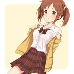  blush bow bowtie brown_eyes brown_hair cardigan collarbone cowboy_shot dress_shirt dutch_angle hair_ornament hair_scrunchie idolmaster idolmaster_cinderella_girls long_sleeves looking_at_viewer miniskirt mugi_(banban53) open_cardigan open_clothes open_mouth pleated_skirt school_uniform scrunchie shirt simple_background skirt solo standing sweatdrop tied_hair totoki_airi twintails undressing white_background white_shirt yellow_cardigan yellow_scrunchie 