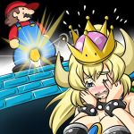 1girl black_dress blonde_hair blue_eyes blush bowsette bracelet breasts brooch cleavage coin collar commentary covering_face crown dress embarrassed frown gameplay_mechanics hands_on_own_face horns jewelry kogane_(staygold) large_breasts light_rays long_hair lowres mario mario_(series) new_super_mario_bros._u_deluxe one_eye_closed open_mouth sharp_teeth spiked_bracelet spiked_collar spikes strapless strapless_dress super_crown super_mario_bros. teeth 