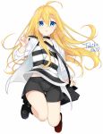  black_shorts blonde_hair blue_eyes clothes_down from_side full_body hair_between_eyes hanata jacket long_hair open_clothes open_jacket rachel_gardner satsuriku_no_tenshi shirt short_shorts shorts sitting sleeveless sleeveless_shirt solo striped striped_shirt white_background 