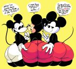  &lt;3 4_fingers anthro beige_skin big_butt black_fur butt clothed clothing dialogue disney elchilenito english_text eyes_closed fur gloves hand_on_butt hi_res light_skin male male/male mammal mickey_mouse mouse pale_skin rodent selfcest simple_background smile speech_bubble square_crossover text topless white_skin yellow_background 