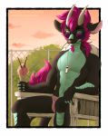  2017 4_fingers blue_eyes clothed clothing day dessert detailed_background digital_media_(artwork) dragon eyewear food fur furred_dragon glasses hair horn ice_cream outside pink_hair rayley sky topless 