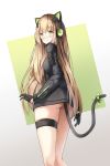  animal_ears ass bangs black_gloves black_jacket blush bow breasts cat_ear_headphones cat_ears cat_girl cat_tail character_name closed_mouth commentary eyebrows_visible_through_hair girls_frontline gloves green_background green_bow green_eyes hair_between_eyes half_gloves headphones highres jacket light_brown_hair long_hair long_sleeves looking_at_viewer looking_back skindentation small_breasts sobmarine solo tail tail_bow tail_raised thigh_strap tmp_(girls_frontline) two-tone_background very_long_hair white_background 