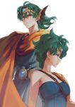  1boy 1girl absurdres cape circlet dragon_quest dragon_quest_iv green_hair hero_(dq4) heroine_(dq4) highres jun_(seojh1029) short_hair simple_background strapless white_background 