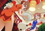  2girls :3 alternate_costume bamboo_steamer baozi blue_dress brown_eyes brown_hair bun_cover china_dress chinese_clothes double_bun dress food from_below gekota highres lantern long_hair looking_at_viewer misaka_mikoto multiple_girls open_mouth orange_dress plate shirai_kuroko short_hair sleeveless sleeveless_dress smile to_aru_kagaku_no_railgun to_aru_majutsu_no_index tomato_(lsj44867) 