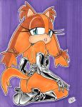  anthro badger bhawk blue_eyes clothing dominatrix female footwear high_heeled_boots high_heels kneeling leather_boots leather_gloves looking_at_viewer looking_back mammal mustelid purple_background shoes simple_background solo sonic_(series) sonic_boom sticks_the_jungle_badger young 