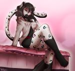  2017 4_toes 5_fingers anthro aoree bed bell_collar black_fur black_hair blue_spots bra breasts clothed clothing collar digital_media_(artwork) feline female fur hair inner_ear_fluff leopard leopard_spots long_tail looking_at_viewer mammal medium_breasts multicolored_fur multicolored_tail panties pink_background pink_eyes pink_nose pink_spots red_bra red_clothing red_underwear shirt simple_background sitting smile solo spots toes underwear white_clothing white_fur white_shirt yellow_spots 