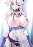  artoria_pendragon_(all) artoria_pendragon_(lancer_alter) bare_shoulders black_panties breasts cleavage closed_mouth commentary_request curvy fate/grand_order fate_(series) garter_belt garter_straps gloves h_(hhhhhh4649) huge_breasts lingerie looking_at_viewer panties purple_gloves royal_icing see-through silver_hair solo thighs underwear yellow_eyes 