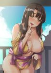  :d bangs bare_shoulders black_hair blue_sky blurry blush breasts center_opening cleavage cloud collarbone cowboy_shot day depth_of_field hair_tubes highres index_finger_raised large_breasts leaning_forward lifted_by_self long_hair looking_at_viewer naughty_face ocean open_clothes open_mouth open_vest outdoors plunging_neckline railing saaya_(suisei_no_gargantia) shiba_nanasei shoulder_cutout skirt skirt_lift sky smile solo suisei_no_gargantia sunlight tongue tongue_out vest yellow_eyes 