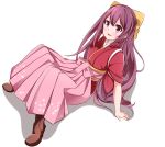  1girl acchii_(akina) boots bow cross-laced_footwear full_body hair_bow hakama highres japanese_clothes kamikaze_(kantai_collection) kantai_collection kimono lace-up_boots long_hair meiji_schoolgirl_uniform pink_hakama purple_hair red_eyes red_kimono simple_background sitting solo tasuki white_background yellow_bow 