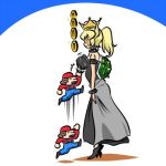  1boy 1girl afterimage black_dress blue_earrings borrowed_design bouncing_breasts bowsette bracelet breasts coin collar commentary crown dress faceless faceless_female from_side gameplay_mechanics high_heels jewelry jumping kogane_(staygold) large_breasts long_dress lowres mario mario_(series) motion_blur motion_lines new_super_mario_bros._u_deluxe sparkle spiked_armlet spiked_bracelet spiked_collar spiked_shell spikes standing strapless strapless_dress super_crown super_mario_bros. sweatdrop turtle_shell 