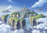  blue_sky bridge castle cloud cloudy_sky commentary_request day dome fantasy floating_island forest gradient_sky hasumi_yuuki highres landscape mountain nature no_humans original outdoors river rock scenery sky tower tree water waterfall 