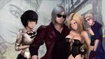  2girls absurdres beard black_gloves black_hair blonde_hair bloodshot_eyes blue_coat blurry blurry_background blush breasts can cleavage coat commentary dante_(devil_may_cry) devil_may_cry devil_may_cry_5 drink english_commentary facial_hair gloves goggles green_eyes grey_hair heterochromia highres lady_(devil_may_cry) large_breasts multiple_boys multiple_girls nero_(devil_may_cry) nowayout123 red_coat red_eyes scar sunglasses trish_(devil_may_cry) zoom_layer 