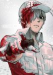  absurdres blood blood_on_face bloody_clothes bloody_hair bloody_knife character_name gloves hat hataraku_saibou highres holding holding_knife index_finger_raised jacket kazeo-yuurin knife looking_at_viewer silver_hair solo u-1146 upper_body white_gloves white_hat white_jacket 