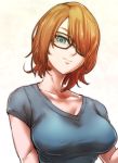  alternate_hair_length alternate_hairstyle android_21 black-framed_eyewear blue_eyes breasts brown_hair casual collarbone commentary_request dragon_ball dragon_ball_fighterz glasses hair_over_one_eye large_breasts semi-rimless_eyewear shirt short_hair smile solo st62svnexilf2p9 t-shirt under-rim_eyewear upper_body 
