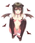  bangs bare_shoulders bat blue_eyes blush breasts brown_collar brown_hair brown_legwear brown_wings chain chouge60229 collarbone commentary demon_horns demon_wings detached_sleeves detached_wings eyebrows_visible_through_hair fang flying_sweatdrops full_body hair_between_eyes horns idolmaster idolmaster_cinderella_girls long_hair looking_at_viewer medium_breasts navel no_shoes parted_lips revealing_clothes sagisawa_fumika simple_background sitting soles solo spread_legs symbol_commentary thighhighs toeless_legwear toenails white_background wings 