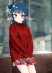  bangs blue_hair blurry blurry_background blush deadnooodles floral_print highres long_hair long_sleeves looking_at_viewer love_live! love_live!_sunshine!! miniskirt parted_lips print_skirt purple_eyes red_sweater side_bun skirt sleeves_past_wrists solo sweater tsushima_yoshiko wall 