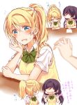  ayase_eli blonde_hair blue_eyes blush bow bowtie chin_rest collared_shirt commentary_request drooling elbows_on_table green_neckwear groping_motion hair_between_eyes hair_ornament hair_scrunchie holding holding_pencil long_hair looking_at_another love_live! love_live!_school_idol_project mogu_(au1127) multiple_girls multiple_views no_eyes notice_lines otonokizaka_school_uniform paper pencil pink_scrunchie ponytail purple_hair school_uniform scrunchie shirt short_sleeves sidelocks smile sweatdrop sweater_vest toujou_nozomi translation_request twintails white_scrunchie white_shirt 