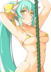  armpits arms_up bangs between_breasts bikini blonde_hair blush breasts cleavage closed_mouth collarbone eyebrows_visible_through_hair fate/grand_order fate_(series) hair_ribbon highres horns kiyohime_(fate/grand_order) kiyohime_(swimsuit_lancer)_(fate) long_hair looking_at_viewer medium_breasts micro_bikini navel ponytail ribbon shiba_nanasei shiny shiny_hair sidelocks simple_background skindentation smile solo staff stomach strap_gap string_bikini swimsuit upper_body very_long_hair white_background yellow_bikini yellow_ribbon 