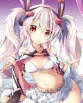  alternate_breast_size animal_ears azur_lane bunny_ears commentary_request fake_animal_ears highres laffey_(azur_lane) long_hair looking_at_viewer maritaki navel parted_lips red_eyes remodel_(azur_lane) silver_hair skirt skirt_hold solo stomach twintails white_bikini_top white_skirt 