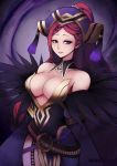  bare_shoulders breasts cleavage commentary detached_collar dress fire_emblem fire_emblem_heroes hat large_breasts loki_(fire_emblem_heroes) long_hair parted_lips phiphi-au-thon purple_eyes purple_hair solo twitter_username 