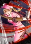  akatsuki_(kuon) black_gloves blonde_hair blood bloody_weapon boots brown_eyes brown_footwear dress_shirt eosinophil_(hataraku_saibou) floating_hair gloves hat hataraku_saibou highres holding holding_weapon jacket leg_up long_hair open_mouth pantyhose pantyhose_under_shorts pink_hat pink_jacket pink_legwear pink_shorts running shirt short_shorts shorts solo twintails weapon white_shirt 