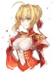  ahoge blonde_hair bow breasts cleavage cropped_torso eyebrows_visible_through_hair fate/extra fate_(series) green_eyes hair_between_eyes hair_bow long_sleeves looking_at_viewer medium_breasts nero_claudius_(fate) nero_claudius_(fate)_(all) petals red_bow shiny shiny_hair shrug sidelocks simple_background sketch solo tied_hair waltz_(tram) white_background 