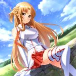  arm_support asuna_(sao) blonde_hair blue_sky blush breastplate brown_eyes cloud day detached_sleeves dutch_angle floating_hair head_tilt highres long_hair long_sleeves looking_at_viewer miniskirt nyanmaru outdoors pleated_skirt red_skirt shiny shiny_hair sitting skirt sky smile solo sword_art_online thighhighs very_long_hair white_legwear white_sleeves zettai_ryouiki 