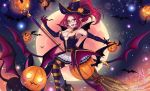  alternate_costume alternate_hair_color bare_shoulders belt bewitching_janna black_footwear boots breasts broom broom_riding crescent elbow_gloves elf english glasses gloves halloween hand_up high_heel_boots high_heels janna_windforce lantern large_breasts league_of_legends long_hair night night_sky pointy_ears pumpkin purple_eyes sidesaddle sky star striped_legweear thighhighs 