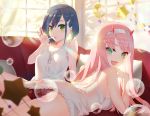  :d aqua_eyes arm_support ass bare_arms bare_shoulders blue_hair blurry blurry_foreground blush breasts bubble_blowing camisole collarbone commentary couch crescent darling_in_the_franxx day depth_of_field fang frills green_eyes hair_ornament hairband hairclip hand_up highres holding ichigo_(darling_in_the_franxx) indoors lace lace_panties lipstick long_hair looking_at_viewer looking_back lying makeup medium_breasts multiple_girls on_couch on_stomach open_mouth panties pillow pink_hair pink_lips red_panties ringed_eyes short_hair sideboob sitting smile soap_bubbles star strapless sunlight underwear underwear_only very_long_hair waterring white_hairband window zero_two_(darling_in_the_franxx) 
