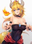 :q bare_shoulders black_collar black_dress black_nails blonde_hair blue_earrings blue_eyes bowsette bracelet breasts breathing_fire claw_pose cleavage collar collarbone commentary_request crown dress earrings fingernails fire flame gradient gradient_background grey_background highres horns jewelry large_breasts long_hair looking_at_viewer mario_(series) nail_polish new_super_mario_bros._u_deluxe pointy_ears sharp_fingernails solo spiked_armlet spiked_bracelet spiked_collar spiked_tail spikes strapless strapless_dress super_crown super_mario_bros. tail tongue tongue_out white_background yukihama 