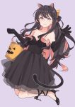  :3 alternate_costume animal_costume animal_ears armpits black_cat black_dress black_hair breasts bucket cat cat_costume cat_ears collarbone commentary_request dress elbow_gloves fang gloves gradient gradient_background hair_between_eyes halloween halloween_costume highres holding kantai_collection long_hair looking_at_viewer medium_breasts multicolored_hair naganami_(kantai_collection) pink_background pink_hair pumpkin simple_background smile tail two-tone_hair ueno_(sakumogu-029) wavy_hair yellow_eyes 