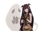  alternate_costume bangs bat_hair_ornament belt blush bow breasts candy cero_(last2stage) commentary_request eyebrows_visible_through_hair food frown ghost girls_frontline gloves hair_bow hair_ornament hair_ribbon hairband half_updo halloween highres holding holding_food large_breasts lollipop long_hair looking_at_viewer midriff navel one_side_up open_mouth pumpkin purple_hair red_eyes ribbon scratching_cheek shirt sidelocks simple_background skirt sleeveless sleeveless_shirt smile very_long_hair wa2000_(girls_frontline) white_background 