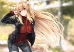  :d adjusting_eyewear animal_ears arm_up black_jacket blonde_hair blurry blurry_background blush breasts commentary_request cowboy_shot day denim depth_of_field fate/grand_order fate_(series) fingernails floating_hair fox_ears fox_girl fox_tail glasses grin hand_in_pocket head_tilt jacket jeans large_breasts leaning_forward lipstick long_fingernails long_hair long_sleeves looking_at_viewer makeup nail_polish open_clothes open_jacket open_mouth outdoors pants pink_lips red-framed_eyewear red_jacket red_nails smile solo suien suzuka_gozen_(fate) tail teeth very_long_hair wind yellow_eyes zipper 