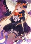  abigail_williams_(fate/grand_order) apple_caramel bangs black_bow black_dress black_footwear black_hat blonde_hair bloomers blue_eyes blush bow bug butterfly commentary_request dress eyebrows_visible_through_hair fate/grand_order fate_(series) forehead full_moon hair_bow hat head_tilt highres insect long_hair long_sleeves looking_at_viewer mary_janes moon night night_sky object_hug orange_bow parted_bangs parted_lips shoes sky sleeves_past_fingers sleeves_past_wrists solo stuffed_animal stuffed_toy teddy_bear underwear very_long_hair white_bloomers 
