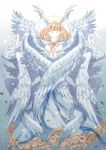  angel angel_wings blonde_hair closed_eyes commentary_request dress feathers frills gradient gradient_background halo hands_clasped head_wings jewelry multiple_wings nekozuki_yuki original own_hands_together praying seraph wings 