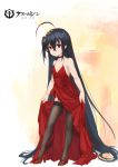  absurdly_long_hair ahoge azur_lane bangs bare_shoulders black_hair black_legwear blush breasts choker closed_mouth cocktail_dress collarbone commentary_request copyright_name crossed_bangs dress dress_lift eyebrows_visible_through_hair full_body garter_straps hair_between_eyes hair_ornament handi high_heels highres lifted_by_self long_hair looking_at_viewer red_choker red_dress red_eyes red_footwear small_breasts solo standing taihou_(azur_lane) thighhighs very_long_hair younger 