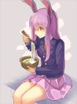  =3 animal_ears bad_id bad_twitter_id bangs blazer bowl breasts bunny_ears chopsticks commentary_request eyebrows_visible_through_hair feet_out_of_frame food grey_background hair_between_eyes hand_up holding holding_bowl holding_chopsticks jacket long_hair long_sleeves medium_breasts miniskirt necktie noodles parted_lips pink_skirt pleated_skirt purple_hair red_eyes red_neckwear reisen_udongein_inaba rin_falcon shirt sidelocks simple_background sitting sketch skirt solo thighs touhou very_long_hair white_shirt 