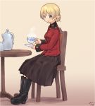  adapted_uniform artist_name bangs black_footwear black_skirt blonde_hair blue_eyes boots commentary cup darjeeling dated emblem epaulettes eyebrows_visible_through_hair from_side girls_und_panzer holding jacket long_sleeves medium_skirt military military_uniform open_mouth pleated_skirt red_jacket saucer short_hair signature sitting skirt smile solo st._gloriana's_military_uniform steam table teacup teapot tessaku_ro tied_hair uniform wooden_chair wooden_table 