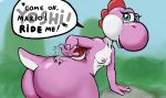  breasts butt dialogue english_text female mario_bros nintendo nipples non-mammal_breasts nsfy_(artist) pink_skin pink_yoshi presenting presenting_hindquarters reptile scalie smooth_skin solo text video_games yoshi 