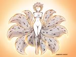  2018 anthro breasts canine casual_nudity digitigrade empty_eyes featureless_breasts featureless_crotch feline female floating fur glowing glowing_eyes gradient_background hair hi_res hybrid kathrin_(twokinds) keidran magic mammal monochrome multi_tail multicolored_fur nude simple_background sketch solo spots spotted_fur tom_fischbach twokinds webcomic 