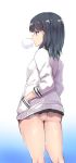  ass black_hair blue_background blue_eyes cardigan chewing_gum commentary_request from_behind gradient gradient_background hand_in_pocket highres long_sleeves looking_away panbai short_hair solo ssss.gridman standing sweat takarada_rikka thighs white_background white_cardigan 